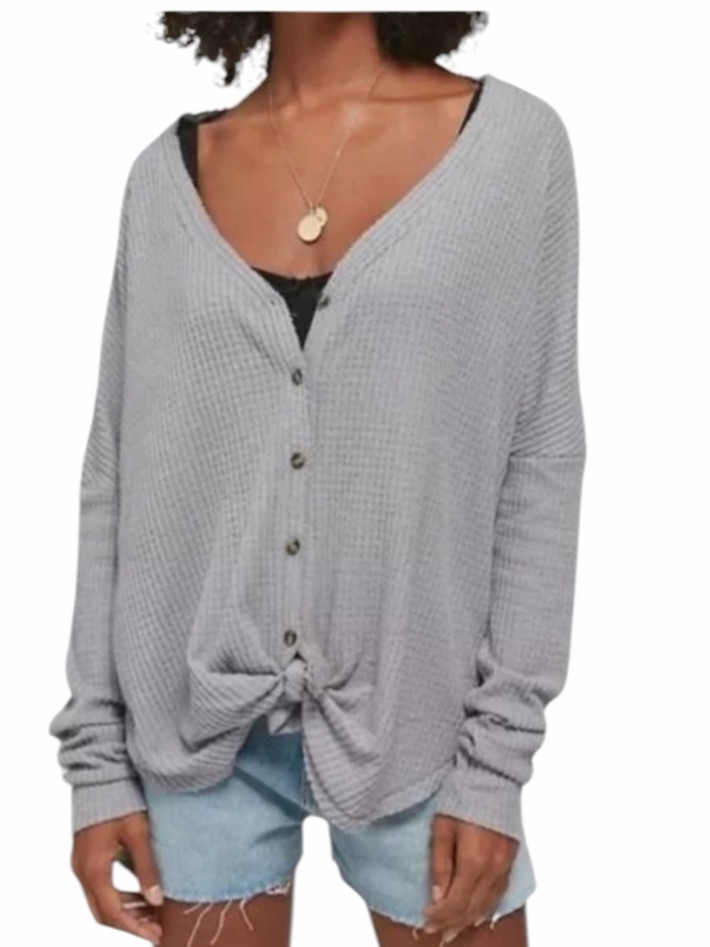 Out From Under Urban Outfitters Waffle Knit Top Large Gray Button Front Tie FLAW